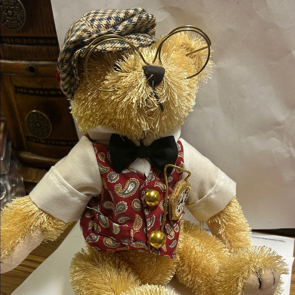 Classic Tan Stuffed Bear with Red vest named “Bently” brass button  bear